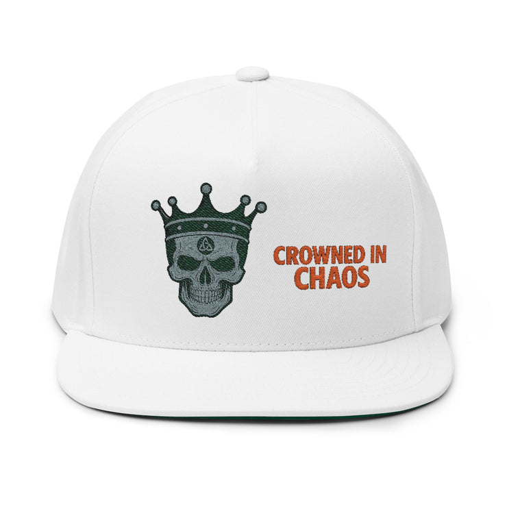 Gothic Skull Flat Bill Cap, Urban Fashion Hat, Embroidered Snapback, Crowned in Chaos, Streetwear Accessory, Gift for Him/Her