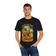 Man wearing black Atlas Enjoy the Day graphic t-shirt with relaxed fit and beach design