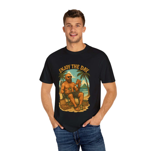 Man wearing black Atlas Enjoy the Day graphic t-shirt with relaxed fit and beach design