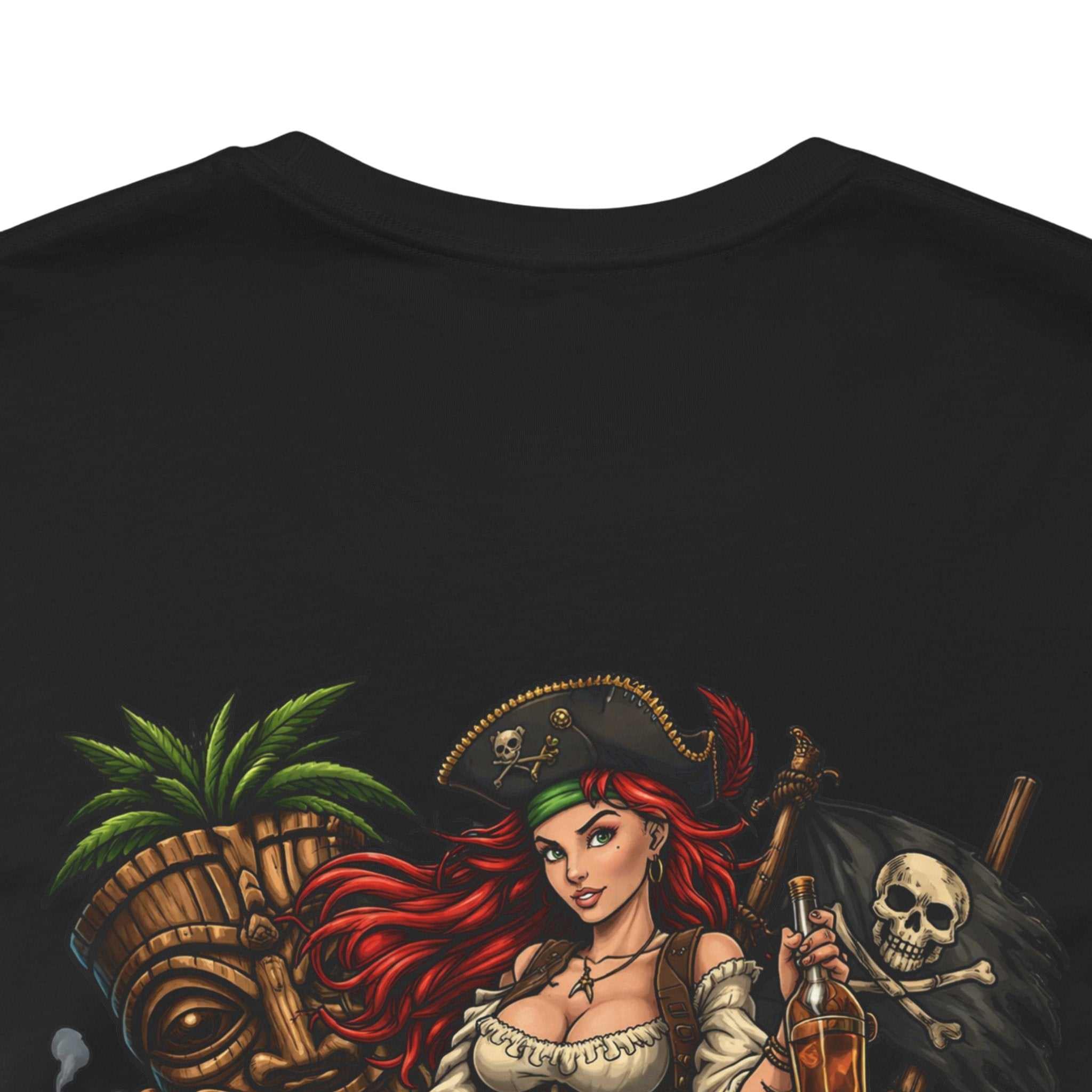 Rum Runs Deep pirate pinup T-shirt with vibrant pirate emblem and island scene, made from breathable Airlume cotton.