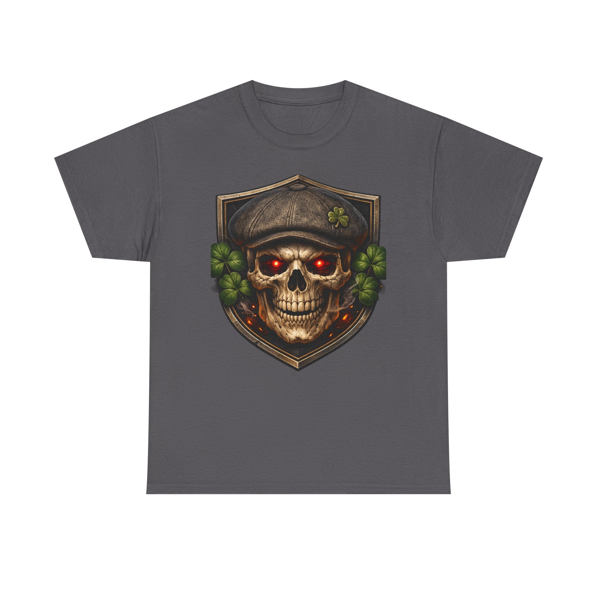 Skull & Shamrock Tee — Celtic Pirate Skull Shirt with Red-Eye Skeleton and Clover Badge
