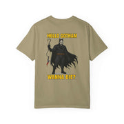 Batman Holographic Ghostface t-shirt featuring spooky Ghostface in Batman costume with "Hello Gotham Wanna Die?" text on beige background