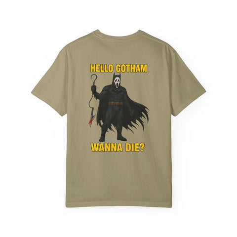 Batman Holographic Ghostface t-shirt featuring spooky Ghostface in Batman costume with "Hello Gotham Wanna Die?" text on beige background