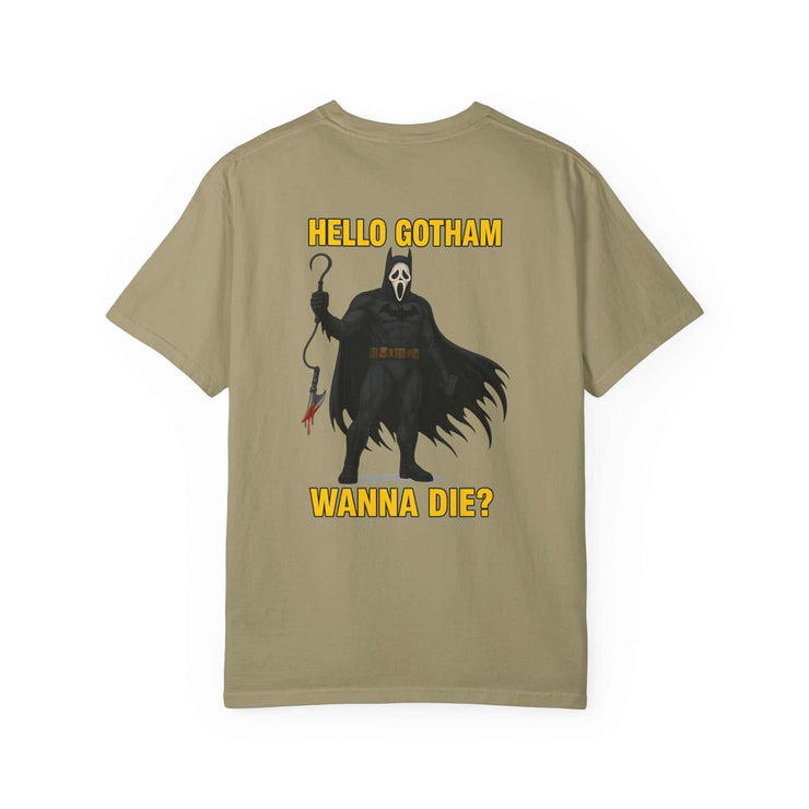 Batman Holographic Ghostface t-shirt featuring spooky Ghostface in Batman costume with "Hello Gotham Wanna Die?" text on beige background
