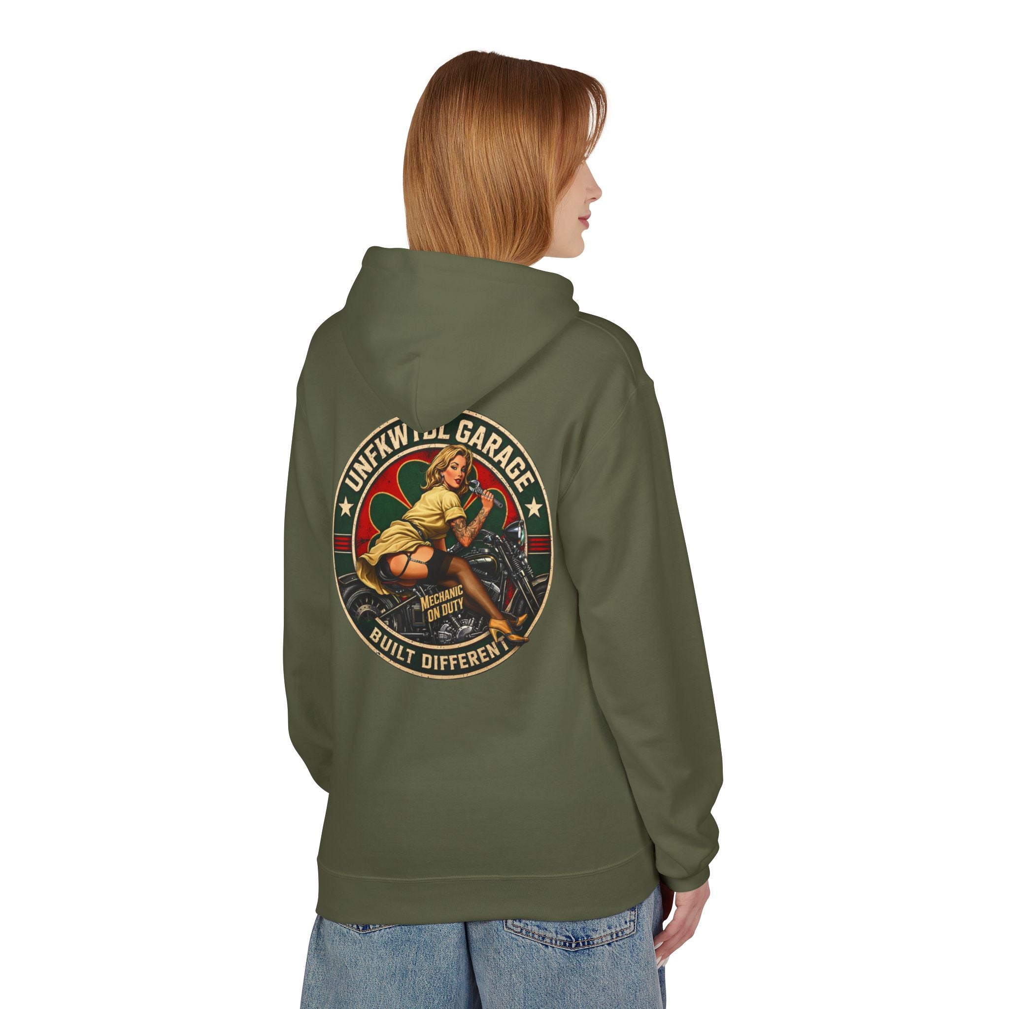 Vintage Pin-Up Motorcycle Hoodie — "Built Different" Garage Logo