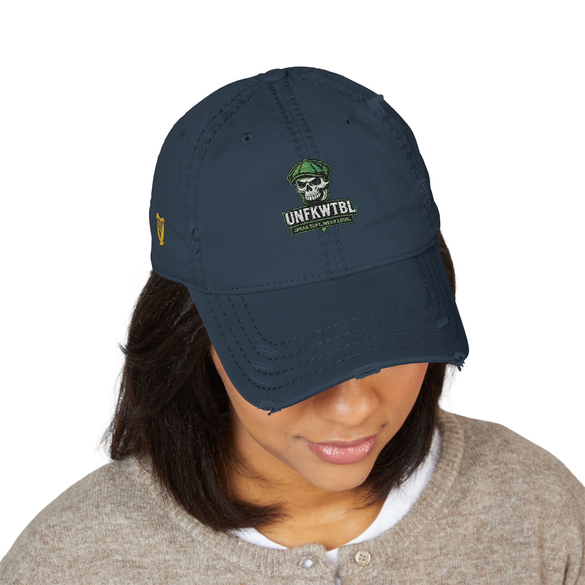 Distressed Embroidered Dad Hat — Green Skull & Shamrock "UNFRWTBL"