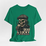 Dead & Lucky Skull Tee featuring a grinning skull with a flat cap and frothy mug graphic on a soft, breathable lightweight white jersey t-shirt