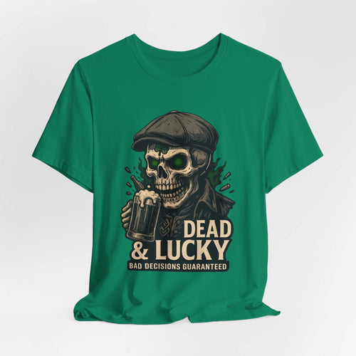 Dead & Lucky Skull Tee featuring a grinning skull with a flat cap and frothy mug graphic on a soft, breathable lightweight white jersey t-shirt