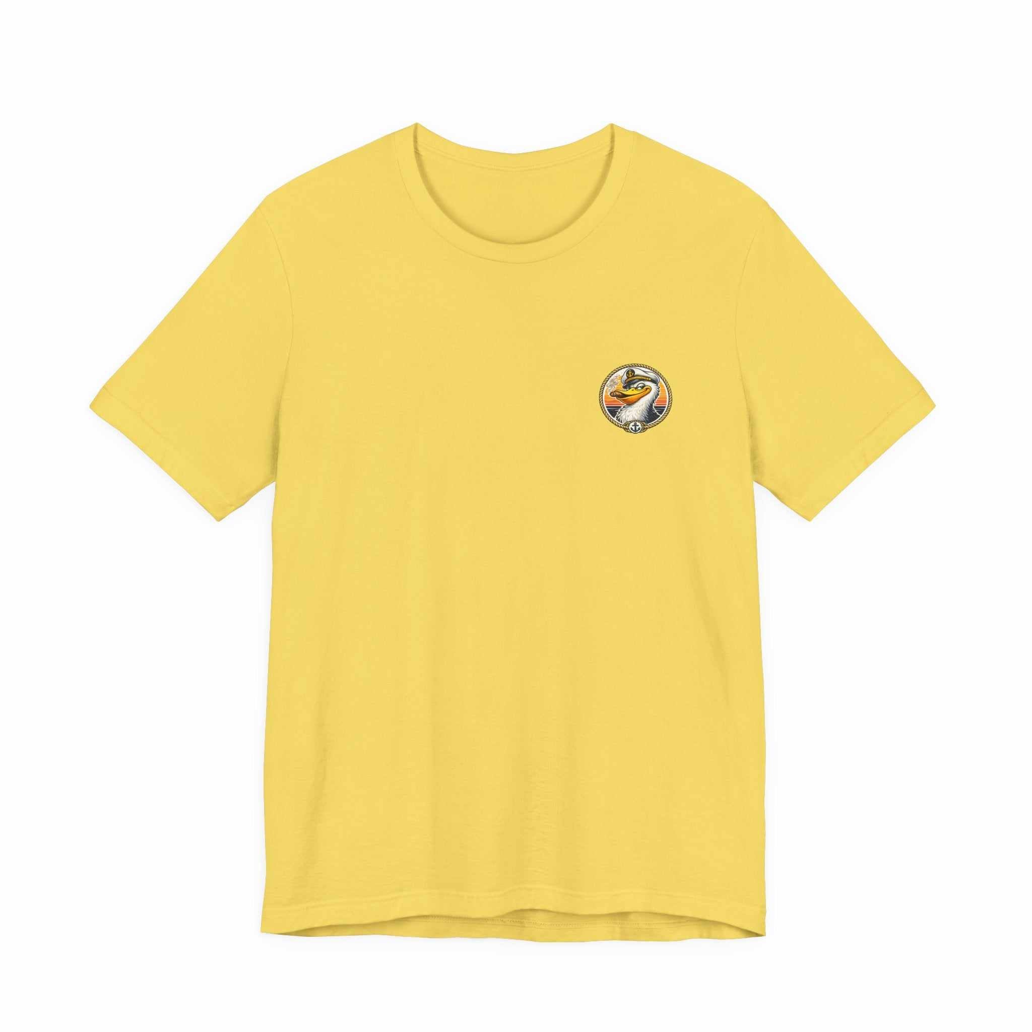 T-Shirt — Retro Pelican on Inflatable Tube Graphic Tee (Beach Vacation, Tropical Sunset)