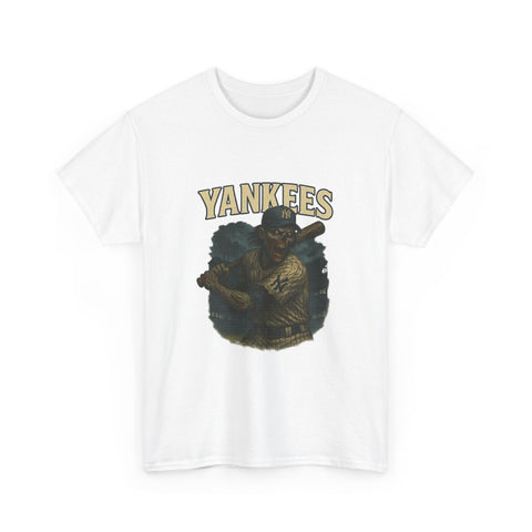 White Zombie baseball tee with Yankees vintage design featuring a zombie player holding a bat