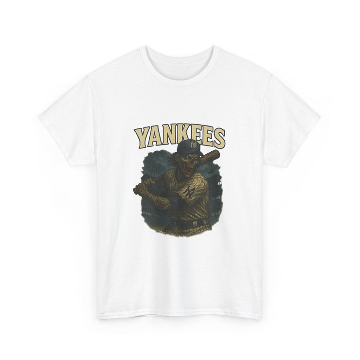 White Zombie baseball tee with Yankees vintage design featuring a zombie player holding a bat