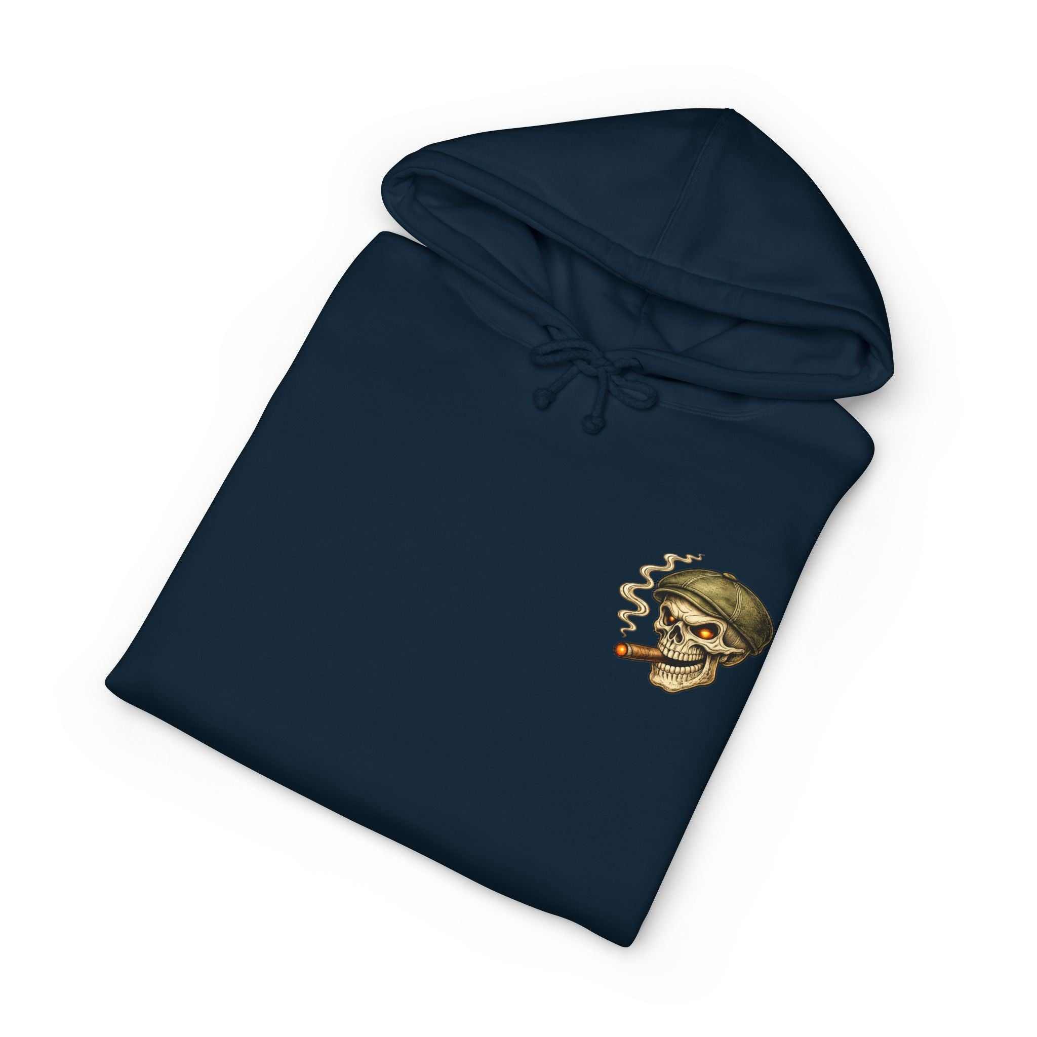 Skull Cigar Hoodie with bold skull and cigar graphic on muted camo heavyweight pullover hoodie