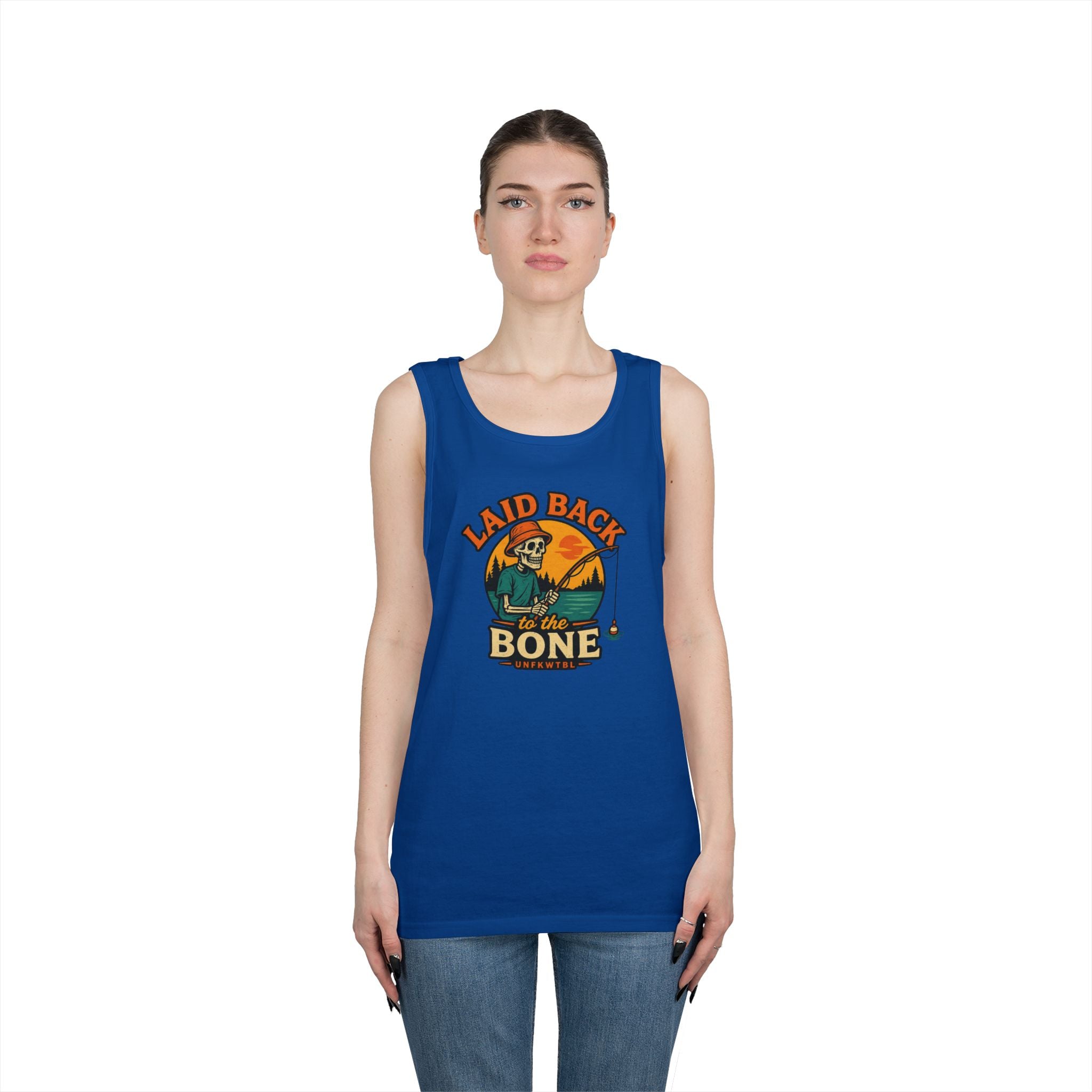 Laid Back to the Bone Tank Top — Retro Skull & Sunset Summer Graphic