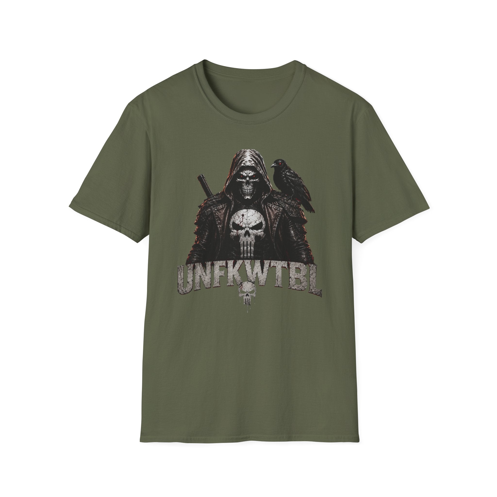 Grim Reaper Skull Tee — Dark Raven Gothic Graphic T-Shirt (UNFKWTBL Text)