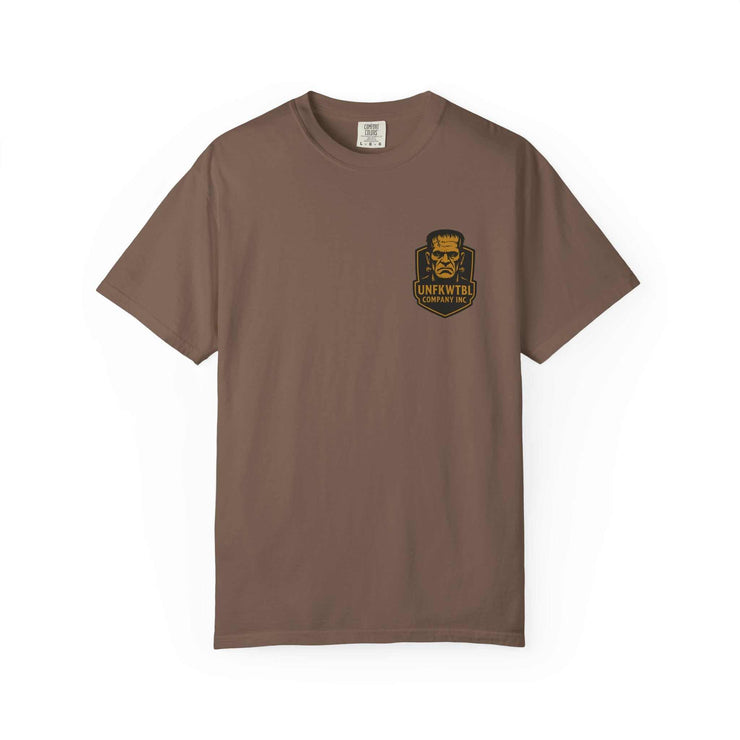 Vintage Frankenstein T-shirt featuring classic monster design on brown garment-dyed cotton with a relaxed fit