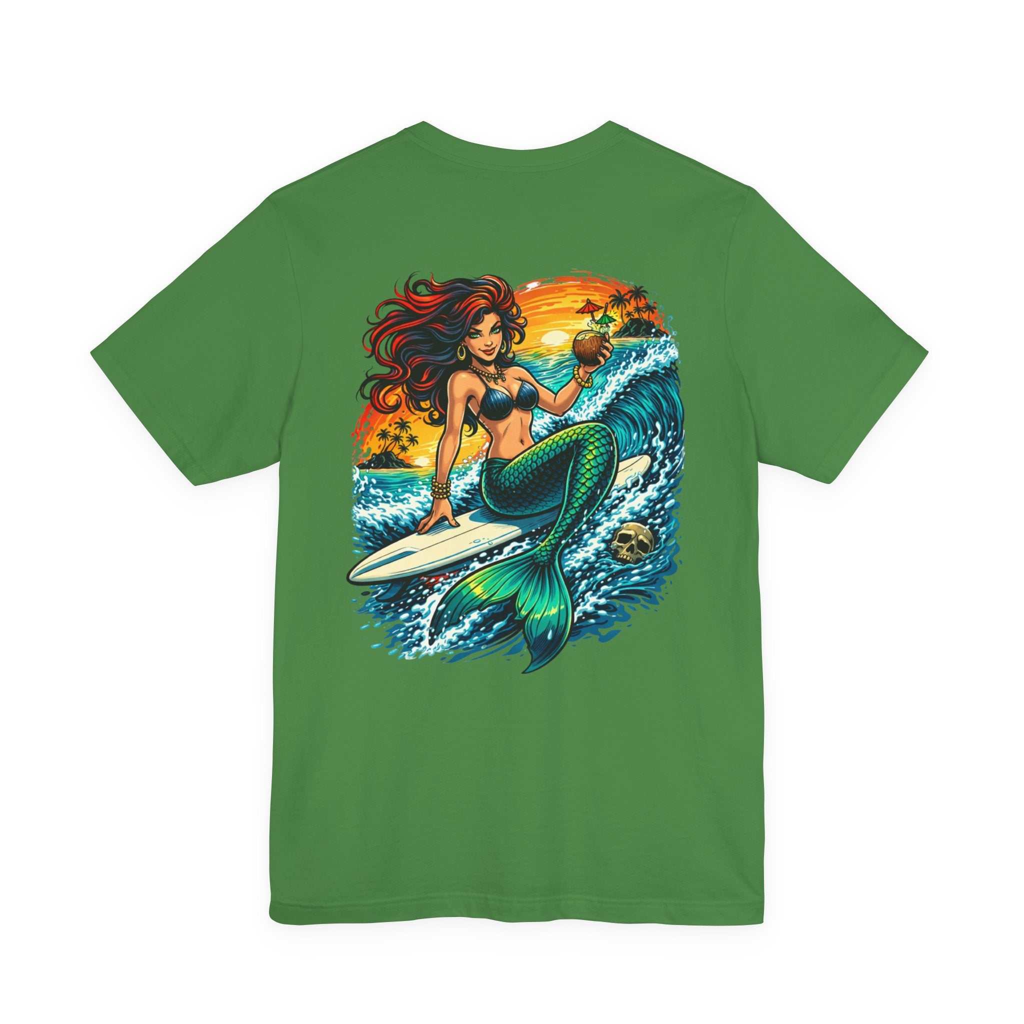 Mermaid Surfer T-Shirt with retro beach surfing graphic and vibrant mermaid design