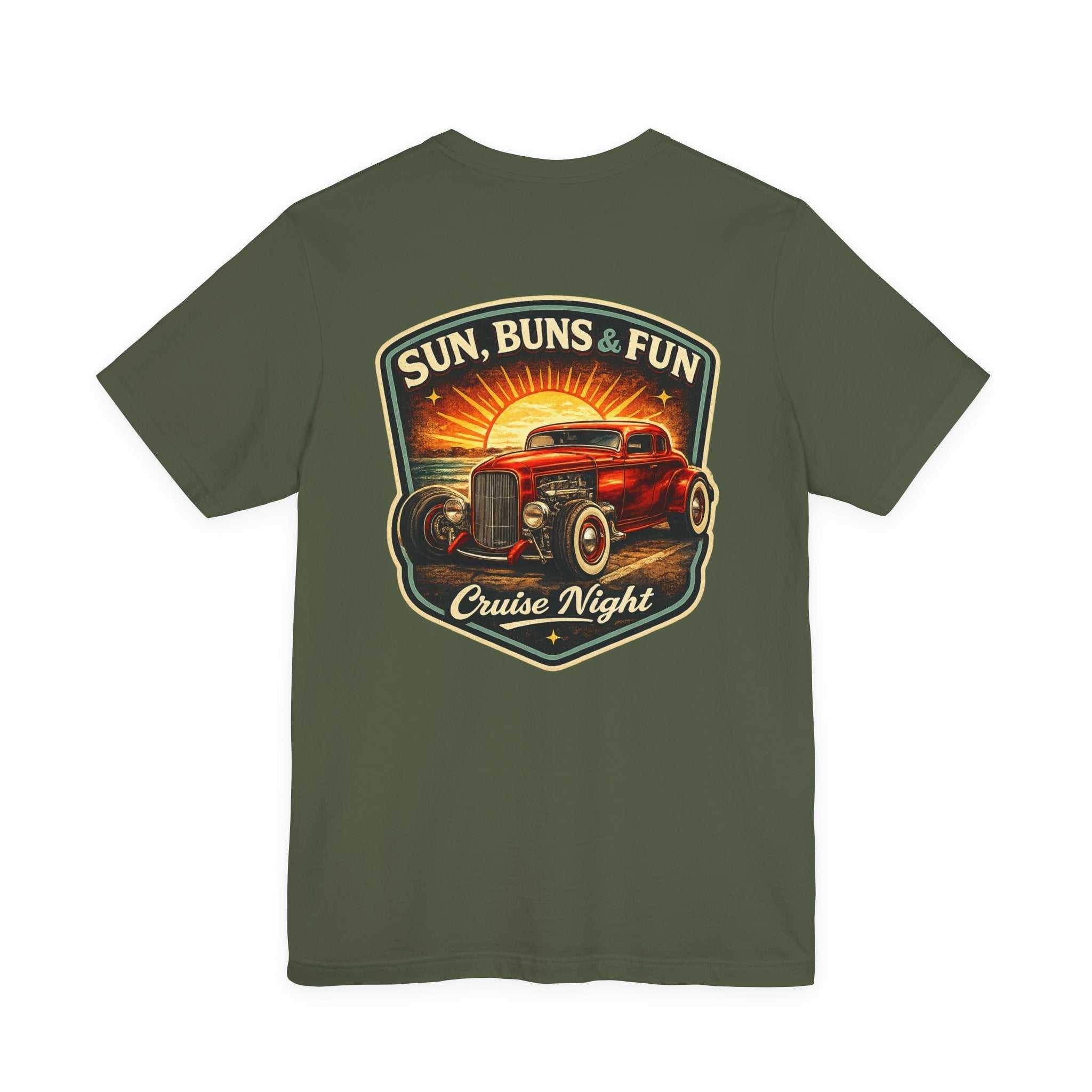 Cruise Night Hot Rod Tee vintage rust-colored t-shirt with sunset and classic car design