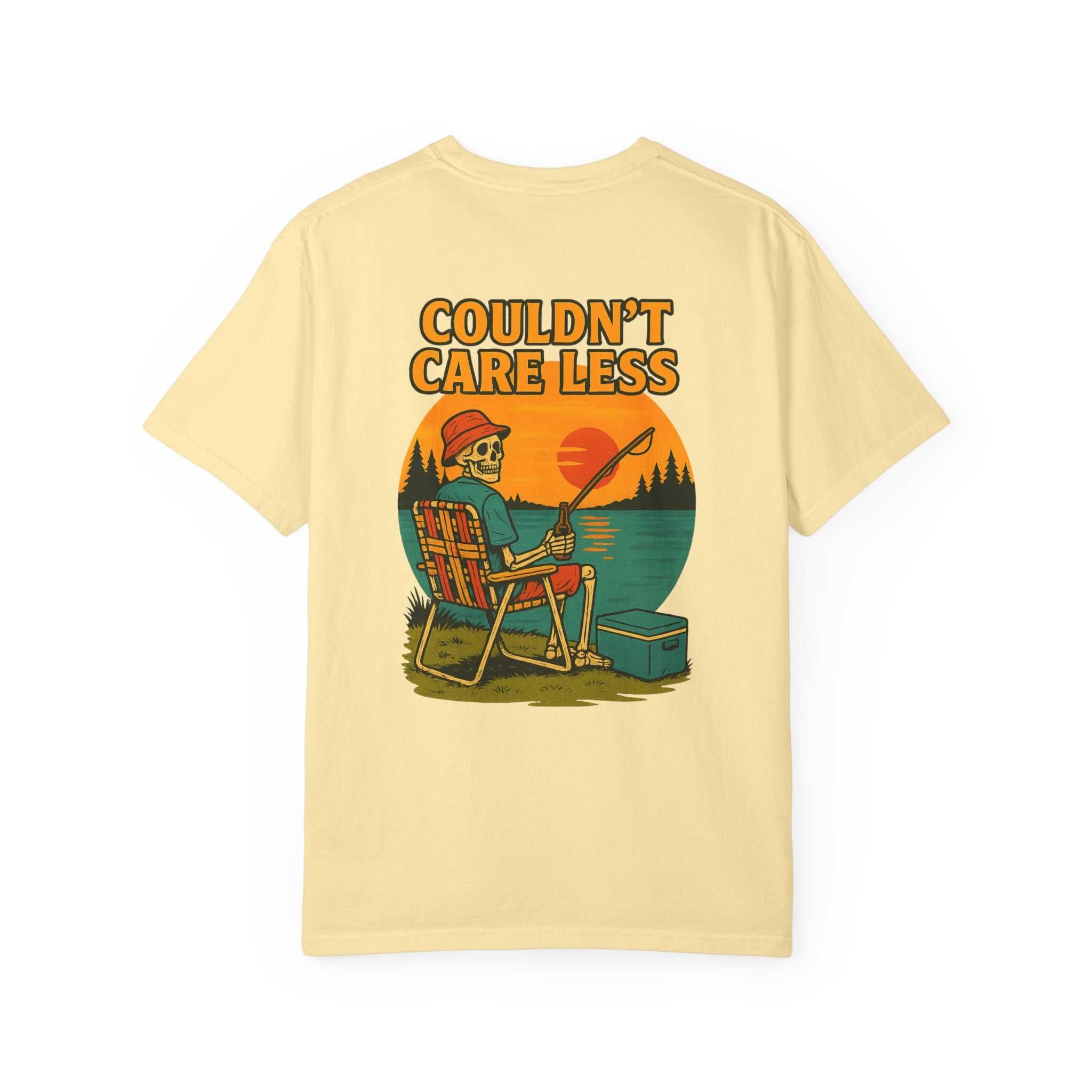 Couldn't Care Less T-Shirt — Retro Skeleton Fishing Graphic Tee