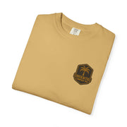 Unisex whimsical graphic t-shirt for beach lovers with palm tree logo, soft garment-dyed cotton, casual summer party tee, gift for horror fans featuring Pennywise just floating theme