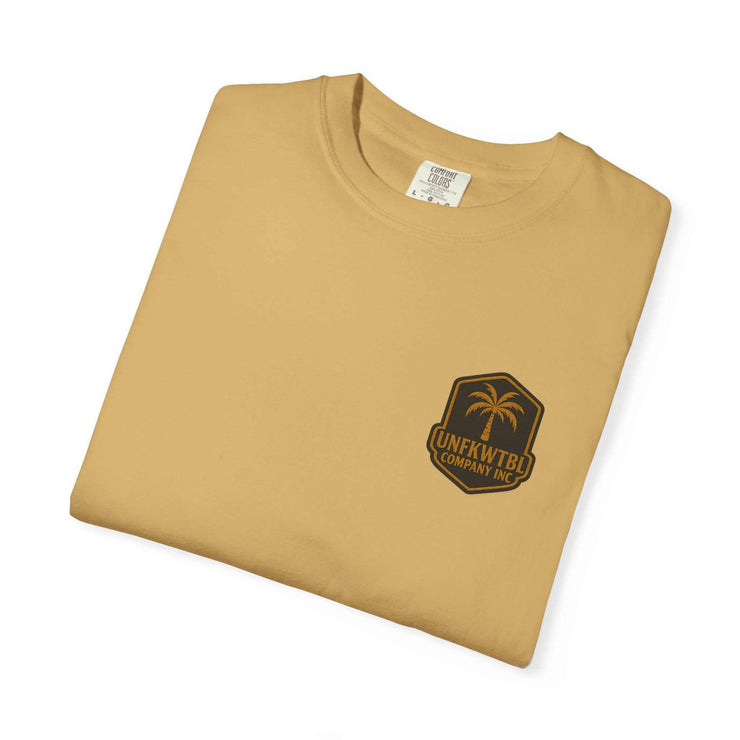 Unisex whimsical graphic t-shirt for beach lovers with palm tree logo, soft garment-dyed cotton, casual summer party tee, gift for horror fans featuring Pennywise just floating theme