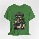 Dead & Lucky Skull Tee with grinning skull and flat cap graphic, lightweight breathable cotton, vintage style