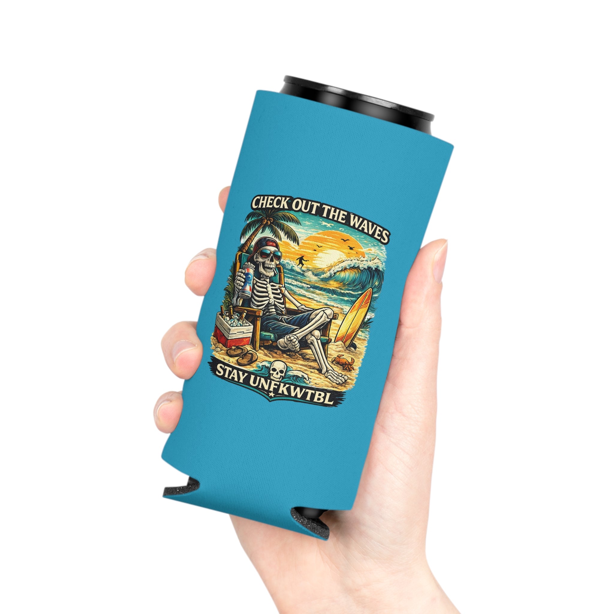 Can Cooler — 'Stay Cold / Check Out the Waves' Surf Skeleton Drink Koozie