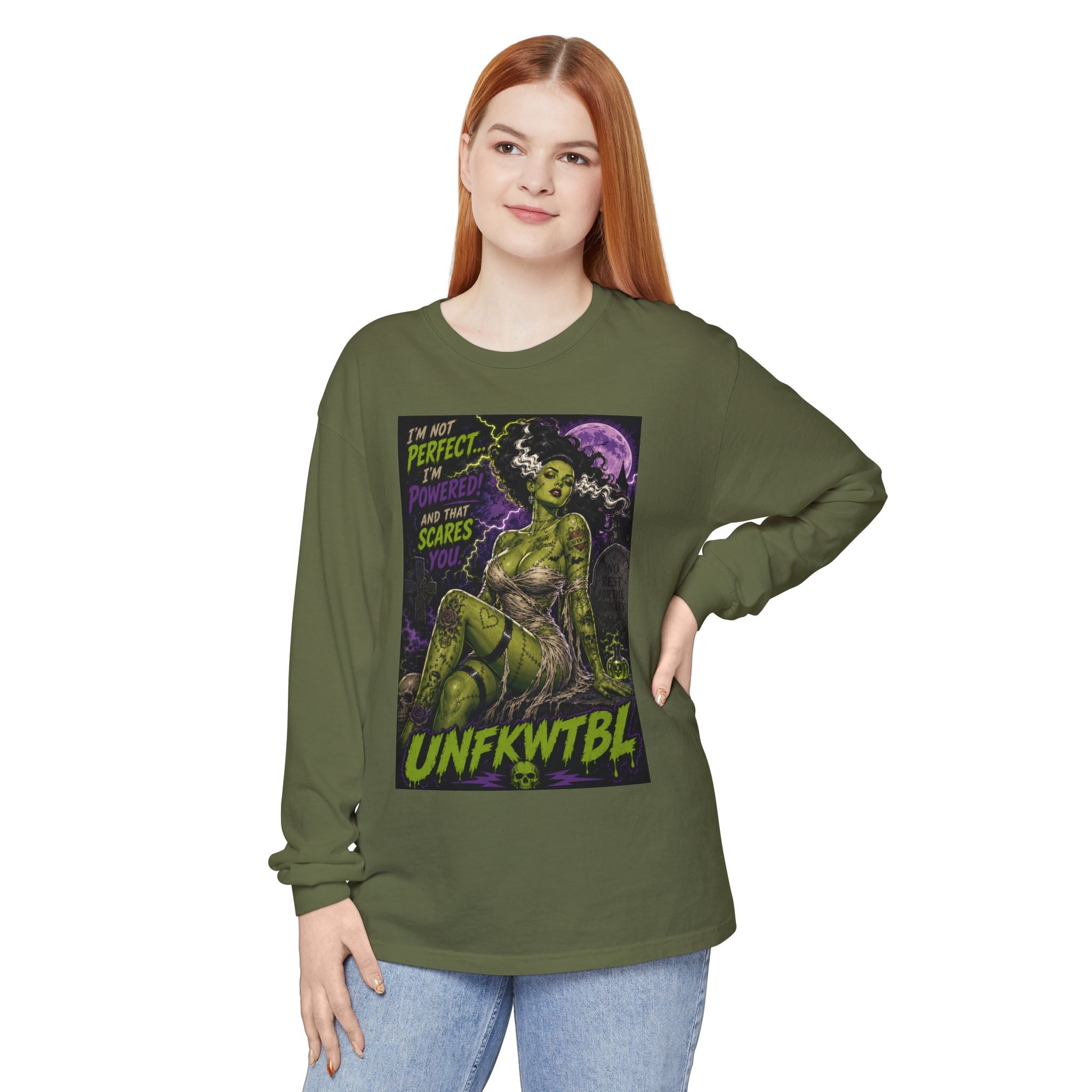 Monster Pin-Up Long Sleeve Tee — “I’m Not Perfect, I’m Powerful (UNFKWTBL)”