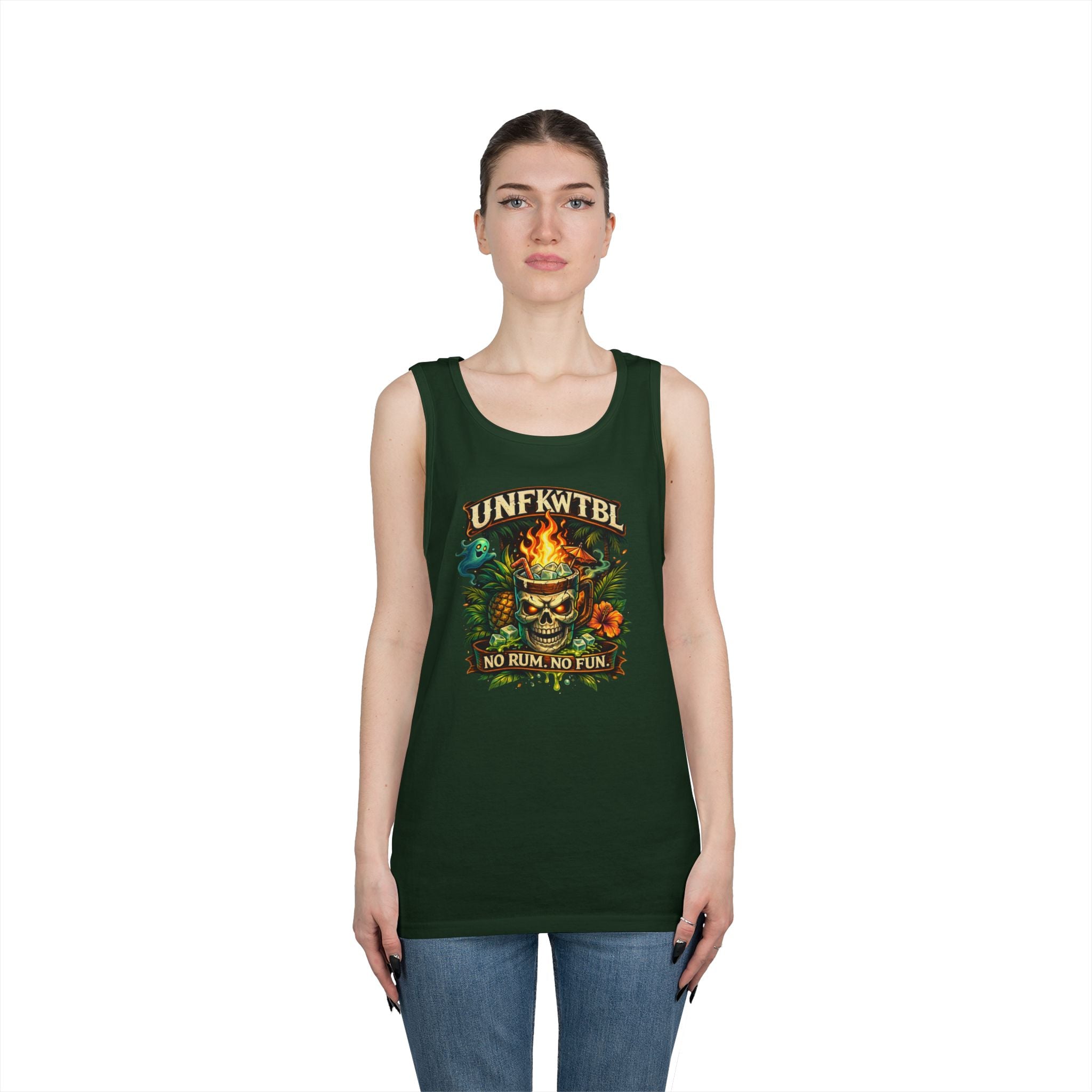 Tiki Skull Tank Top — “No Rum, No Fun” Tropical Beach Party Graphic Tank