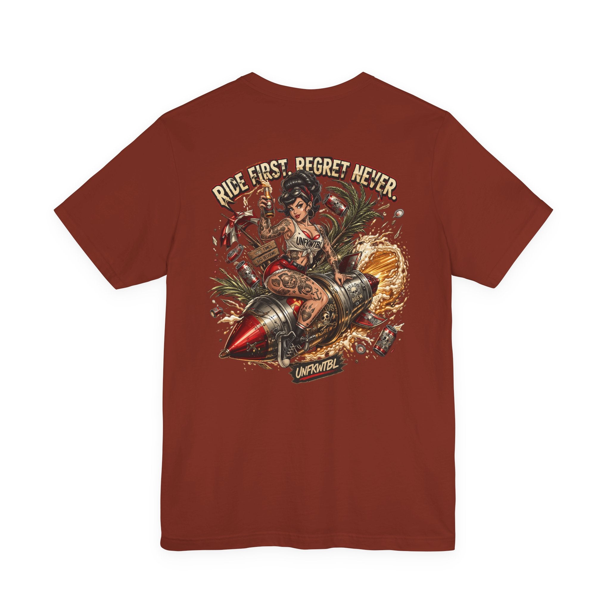 Ride First Regret Never Tee — Vintage Pinup Bomb Girl Motorcycle Graphic Shirt