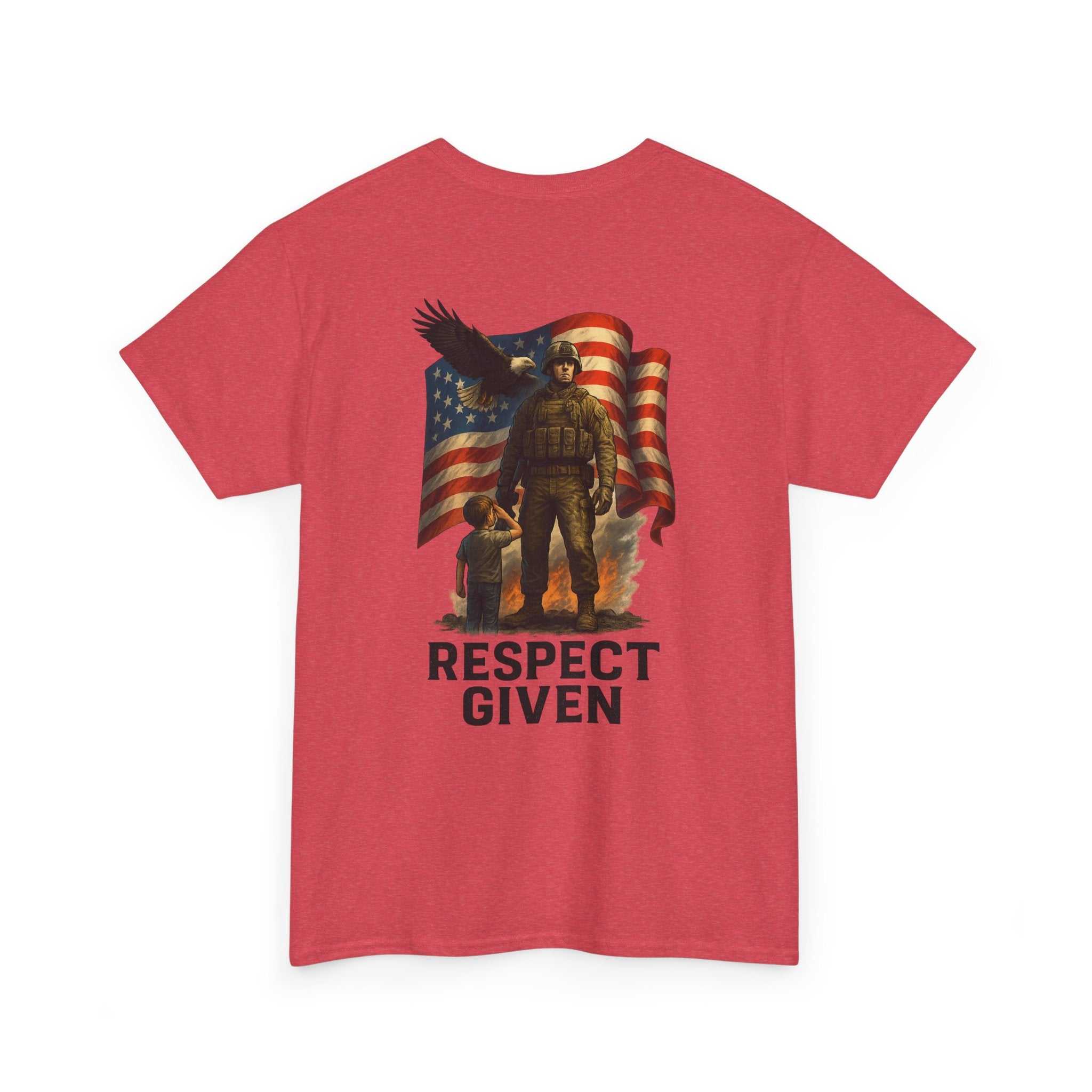 Respect Given Unisex Tee with soldier and American flag graphic on back and small skull emblem on front