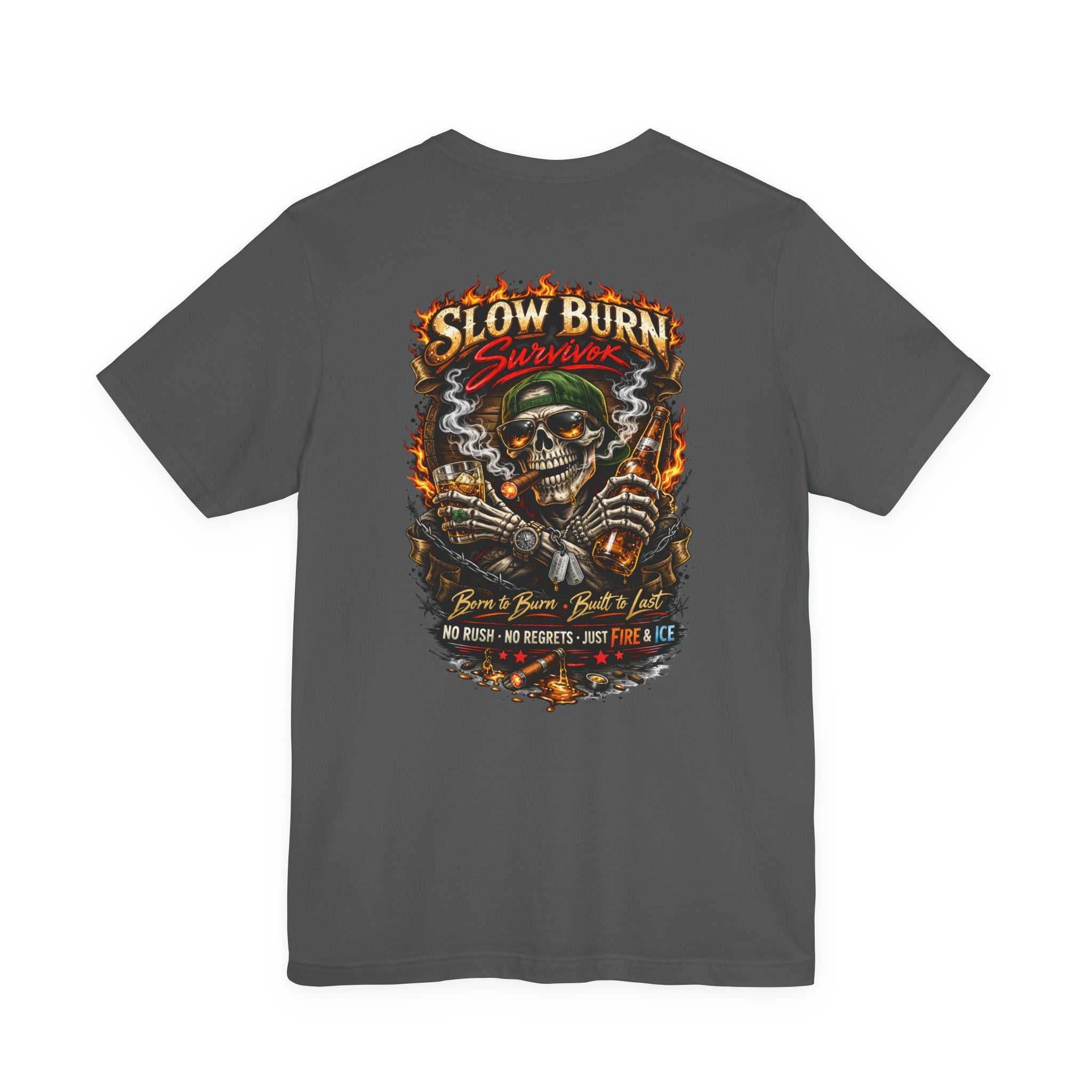 Slow Burn Survivor T-Shirt — Vintage Skull Motorcycle Flame Tee