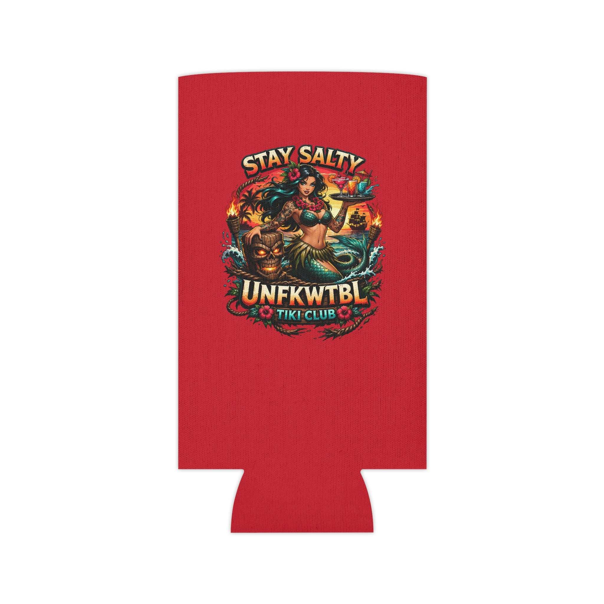 Stay Salty Tiki Can Cooler — "Stay Cold, Remain UNFKWTBL" Retro Beach Beer Koozie