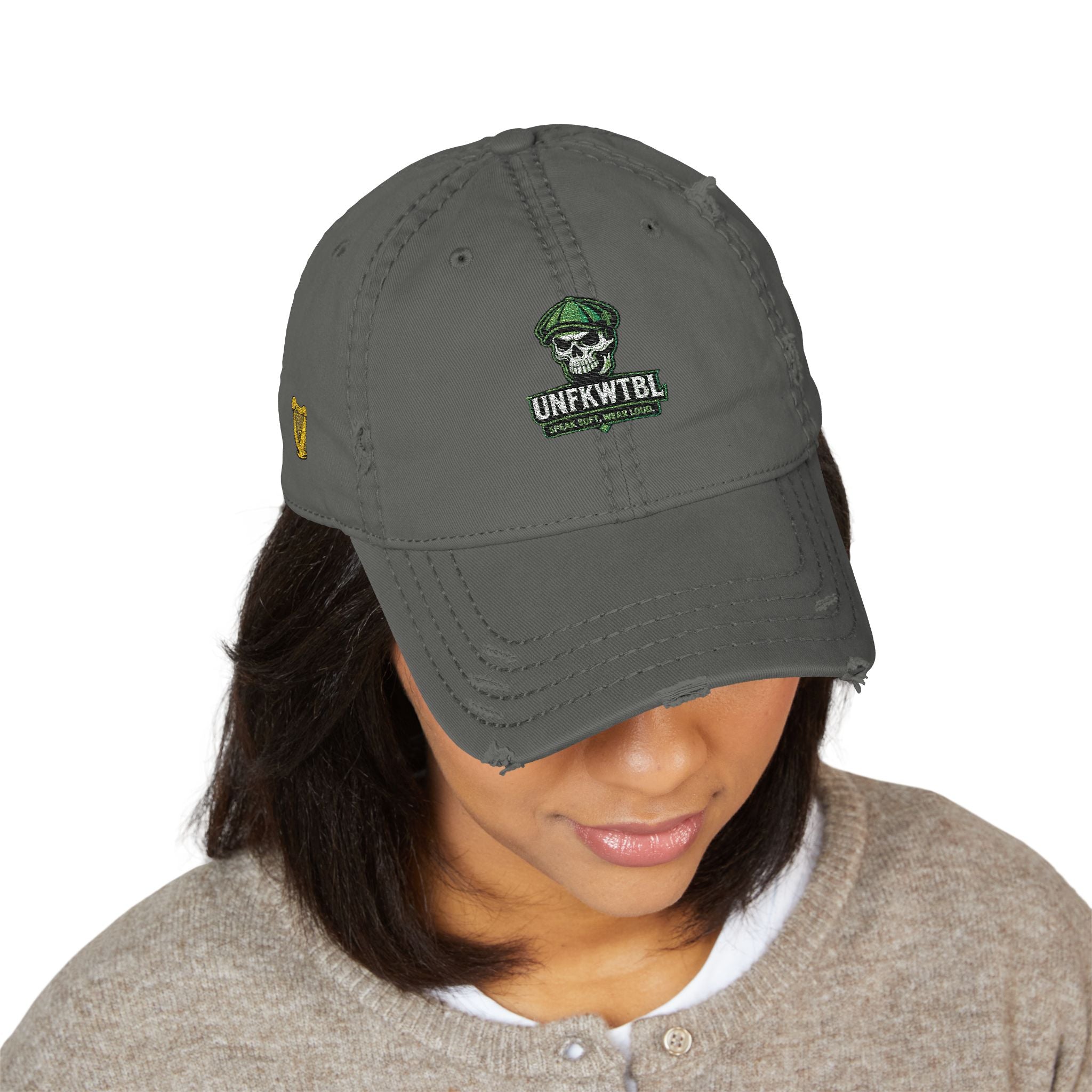 Distressed Embroidered Dad Hat — Green Skull & Shamrock "UNFRWTBL"