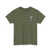 Olive green Atlas Strong Unisex Tee with inspirational skull graphic on chest, classic fit, shoulder tape, ribbed collar designed for strength and resilience.