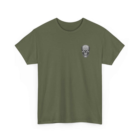 Olive green Atlas Strong Unisex Tee with inspirational skull graphic on chest, classic fit, shoulder tape, ribbed collar designed for strength and resilience.