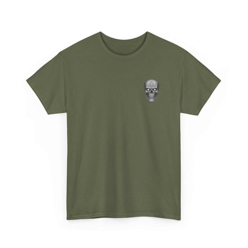 Olive green Atlas Strong Unisex Tee with inspirational skull graphic on chest, classic fit, shoulder tape, ribbed collar designed for strength and resilience.