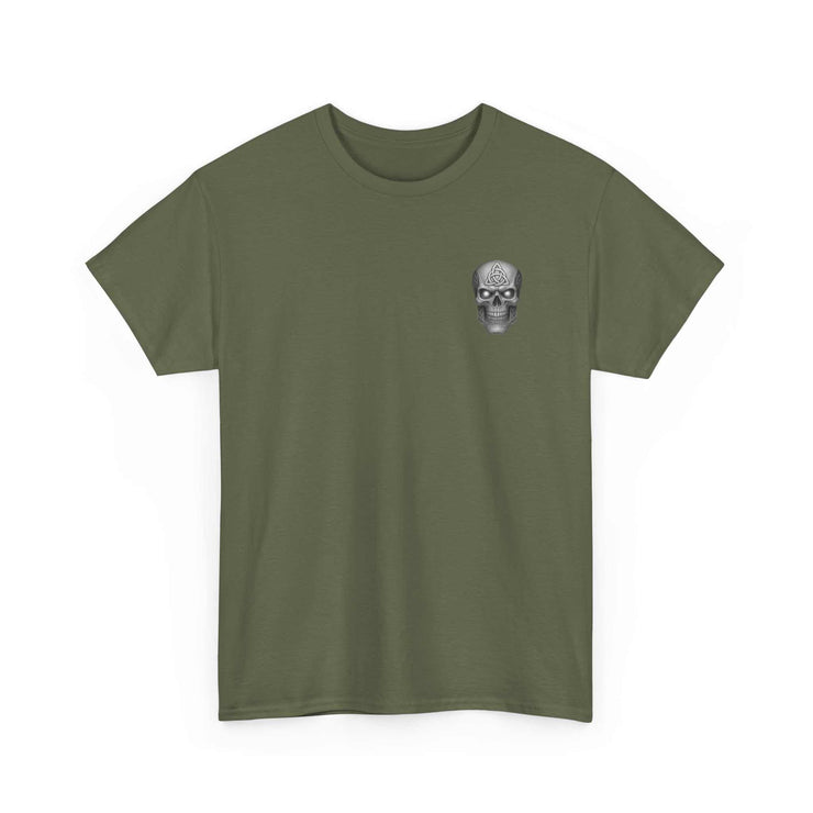 Olive green Atlas Strong Unisex Tee with inspirational skull graphic on chest, classic fit, shoulder tape, ribbed collar designed for strength and resilience.