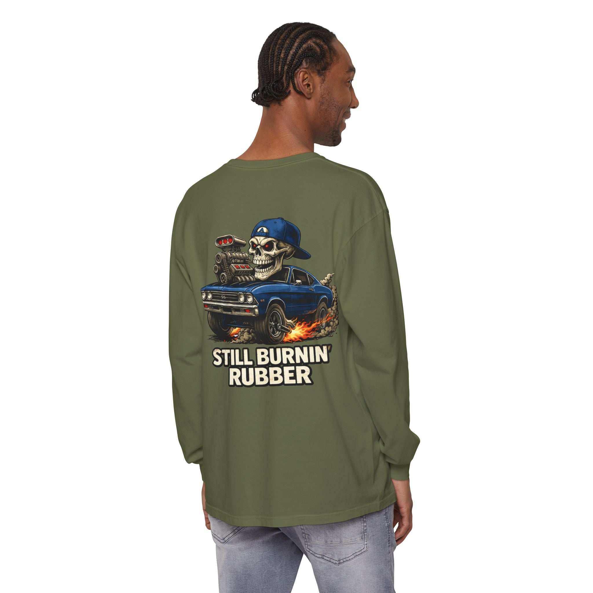 Still Burnin' Rubber Long Sleeve Tee — Retro Skull Muscle Car Graphic
