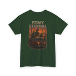 Green T-Shirt FDNY ETERNAL Tribute Tee with firetruck and firefighter design on back