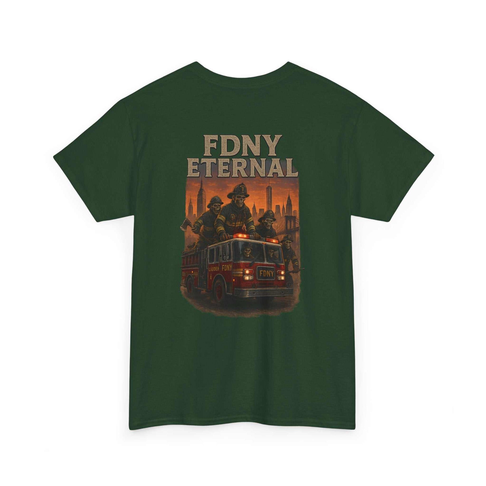Green T-Shirt FDNY ETERNAL Tribute Tee with firetruck and firefighter design on back