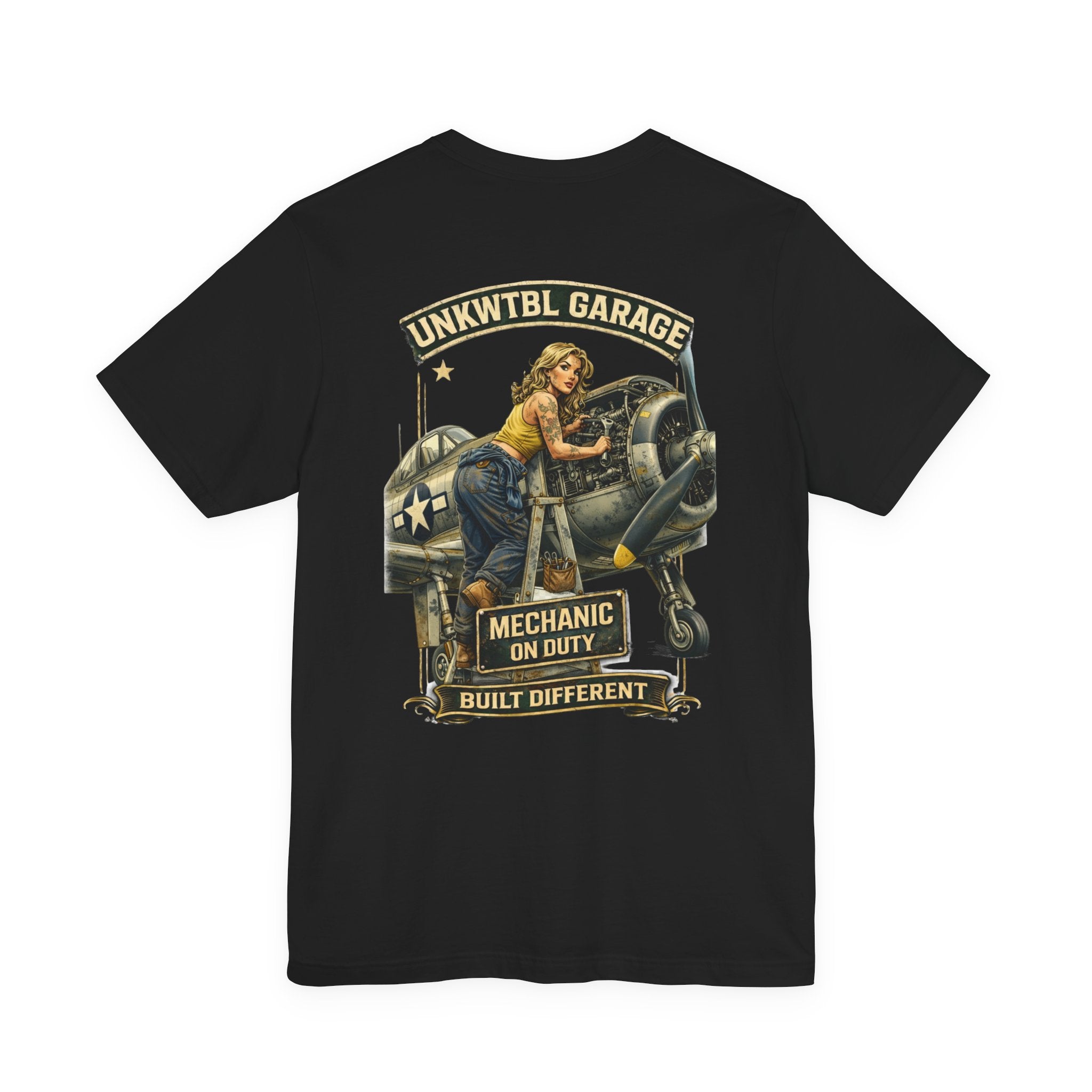 Mechanic On Duty Tee — Vintage Pin-Up Aircraft Garage Shirt