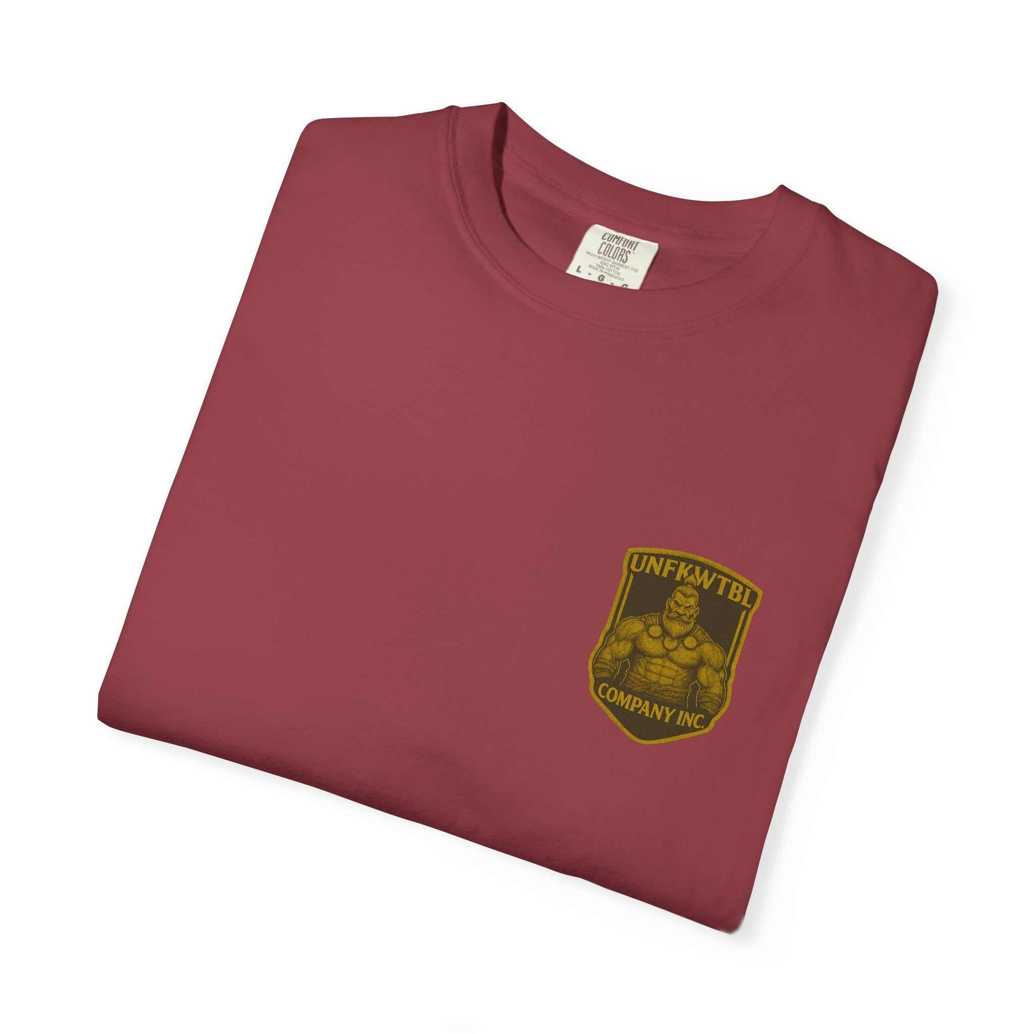 Folded maroon Death Angel Wings protector of the dead unisex cotton tee with yellow chest logo