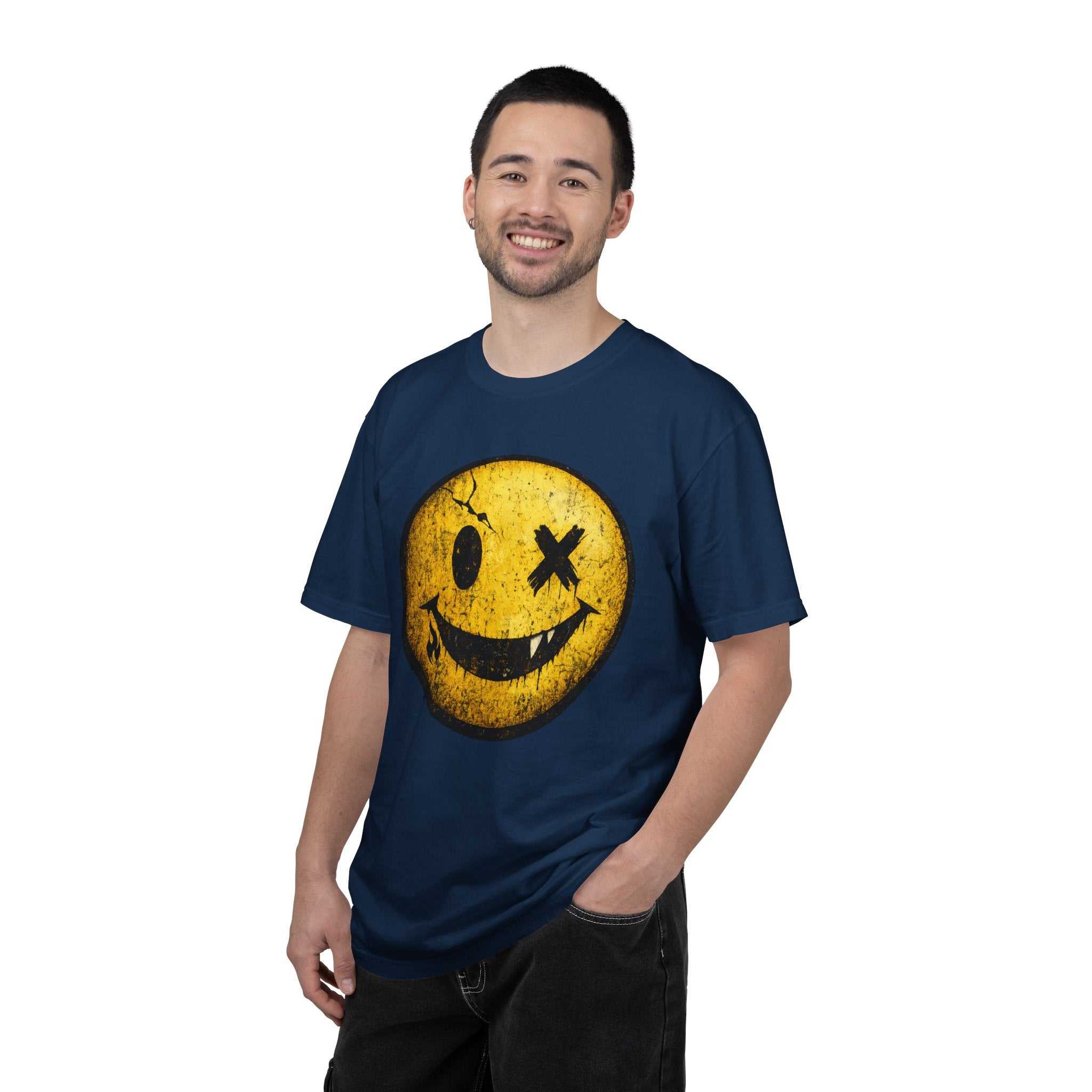 Grunge Smiley Tee — Distressed Yellow Smile Face T-Shirt