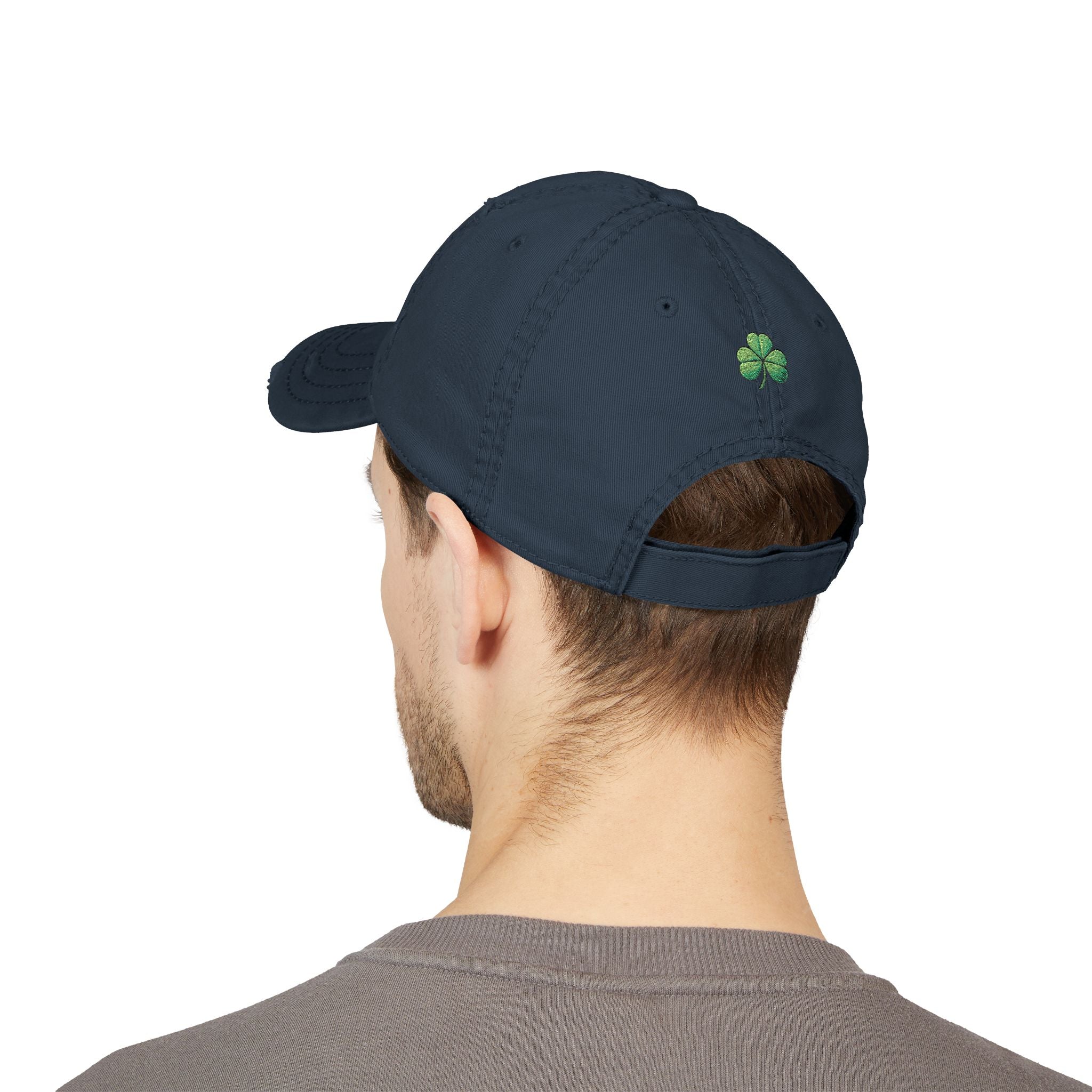 Distressed Embroidered Dad Hat — Green Skull & Shamrock "UNFRWTBL"