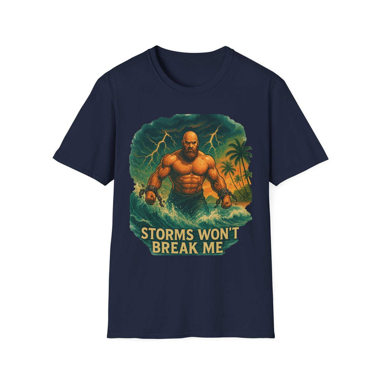 Navy unisex T-shirt with muscular man and storm graphic, "Storms Won&