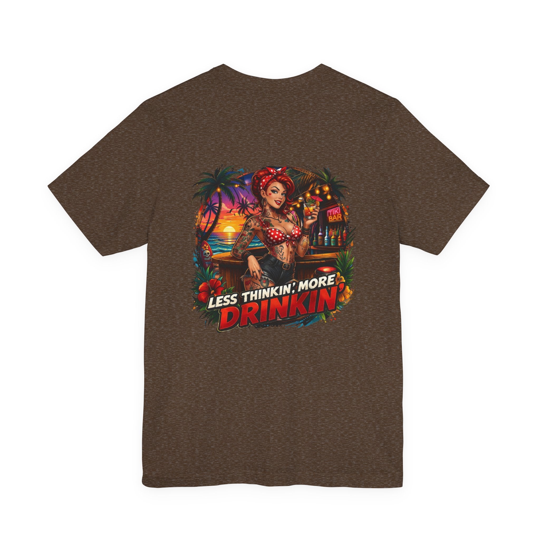 Beach Pinup T‑Shirt — "Less Thinkin', More Drinkin'" Retro Tropical Tee