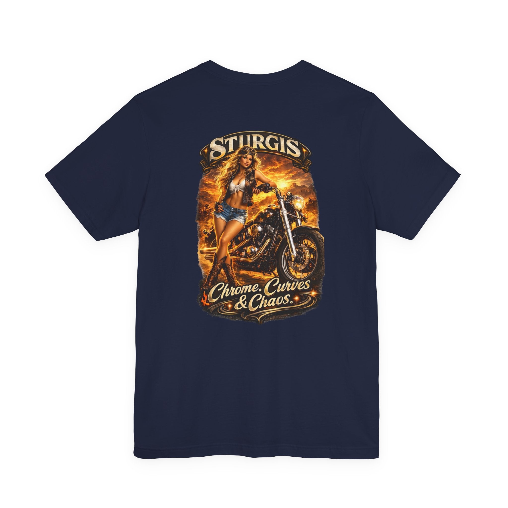 Sturgis Motorcycle Tee — "Chrome, Curves & Chaos" Biker Graphic Shirt