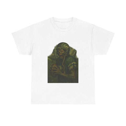 White unisex t-shirt featuring a zombie football player graphic design
