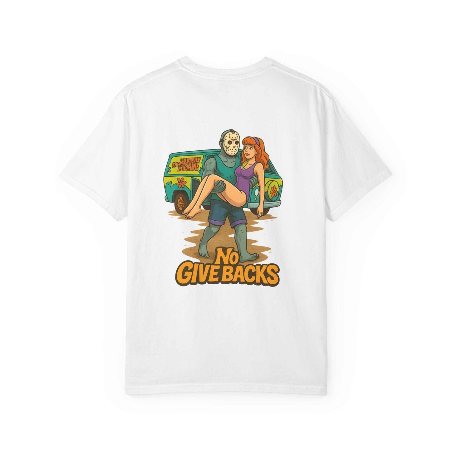 White Jason Voorhees T-shirt with Scooby Doo mystery print and "No Give Backs" text on back