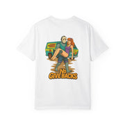 White Jason Voorhees T-shirt with cartoon print of character carrying Daphne from Scooby Doo and text No Give Backs